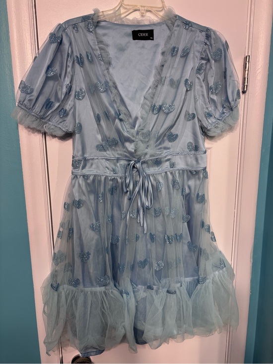 Cider Dresses & Skirts - Cider Powder Blue Glitter Heart Mesh Mini Dress